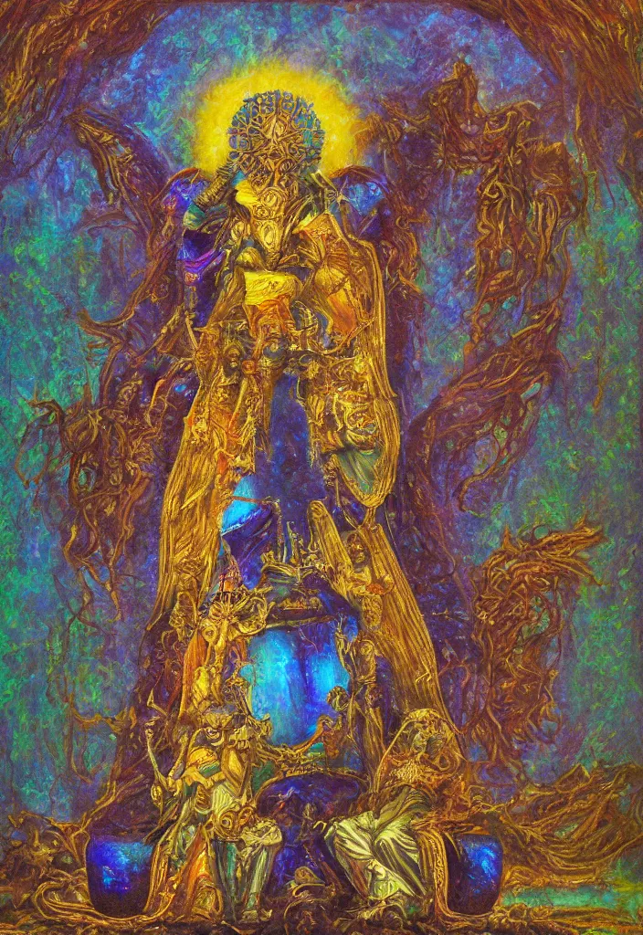 Image similar to holy throne of the gnostic lunar god, award winning oil painting, iridescent color palette