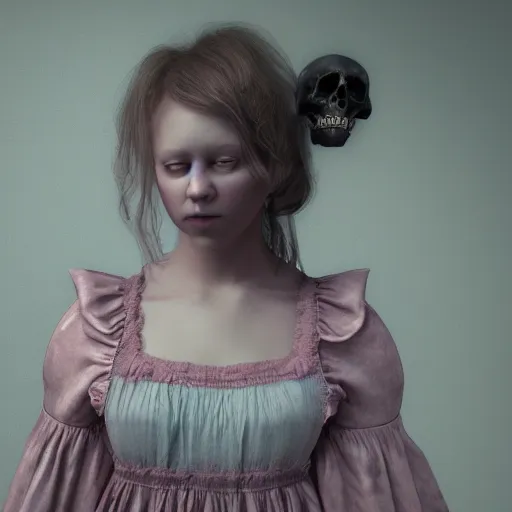 Prompt: 8 k, octane render, realism, tonalism, renaissance, rococo, baroque, cotton candy, portrait of a creepy young lady wearing long 7 0 s babydoll dress with flowers and skulls