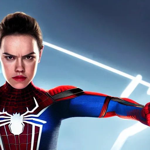 Image similar to daisy ridley dressed as spider - man, photography, marvel, cinematic, studio lighting, 4 k, imax,