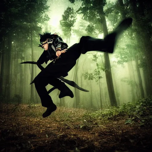 Image similar to An award winning photograph of a ninja in a moody forrest jumping, anime, steampunk, insanley detalied