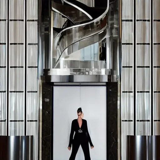 Prompt: world largest high-heels standing in art-deco entrance hall of a skyscraper