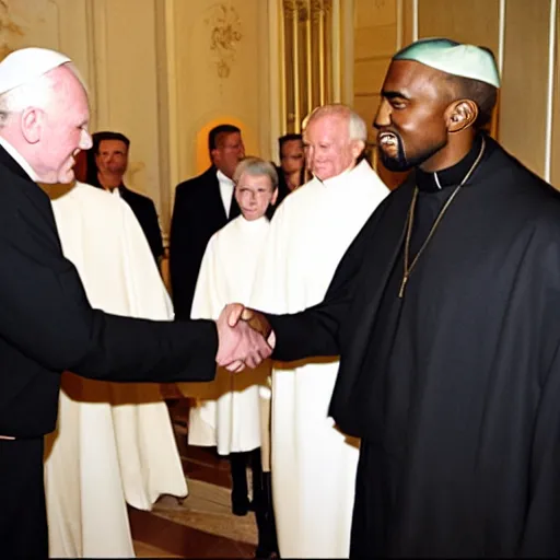 Prompt: photograph of john paul ii shaking hands with kanye west