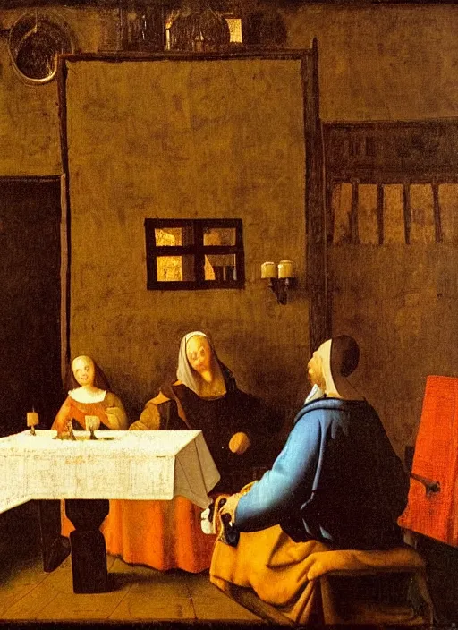 Image similar to a candlelit table at the inn, two people sitting at the table, swirling smoke, dark smoke, realistic, in the style of leonardo da vinci, dutch golden age, amsterdam, medieval painting by jan van eyck, johannes vermeer, florence