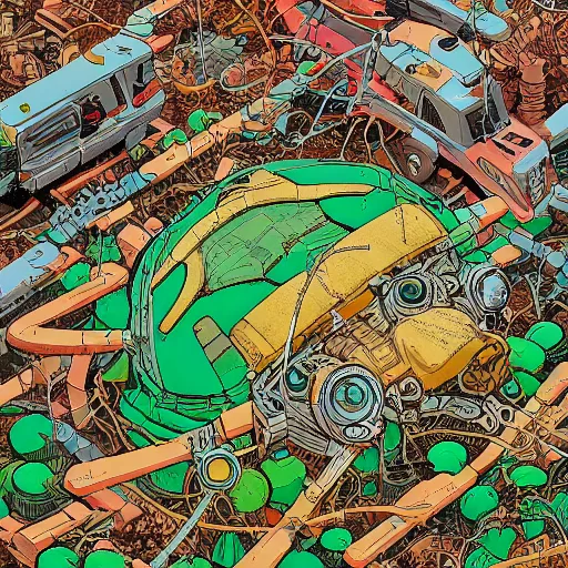 Image similar to hyper detailed comic illustration of a giant half buried robot head being reclaimed by nature , by Josan Gonzalez and Geof Darrow, isometric aerial view, highly detailed, 8k wallpaper