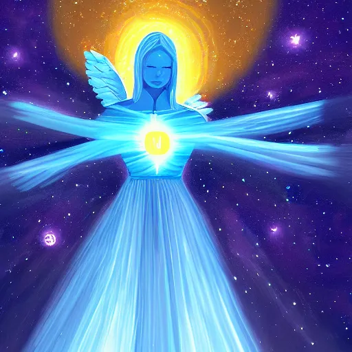 Image similar to an angel of light protecting planet earth, high detail digital painting