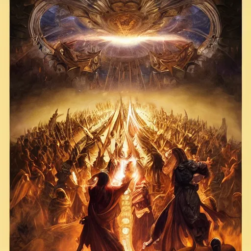 Prompt: Beautiful image of thousands sorcerers fighting with each other , dramatic lighting, dramatic shadows, thunders, magic, fire, power, face painting, dramatic lighting, intricate, wild, highly detailed, digital painting, artstation, concept art, smooth, sharp focus, illustration, art by artgerm and greg rutkowski and alphonse mucha, footage from space camera