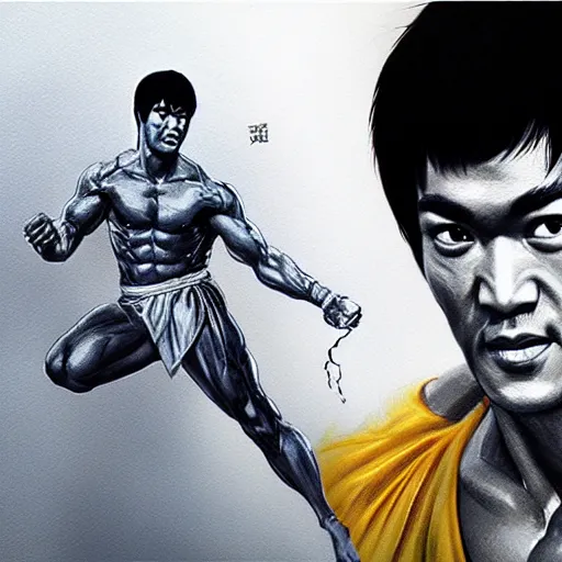 Image similar to bruce lee as the greek god of lightning, highly detailed, by artgerm and greg rutkowski