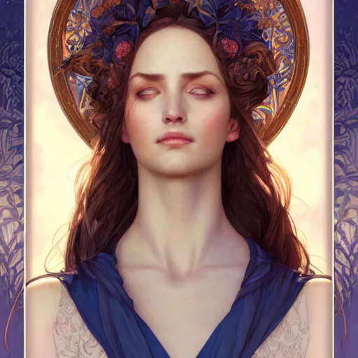 Image similar to portrait of faerie queen, elegant, intricate, headshot, blue sky background, highly detailed, digital painting, artstation, concept art, sharp focus, illustration, art by artgerm and greg rutkowski and alphonse mucha h 7 6 8