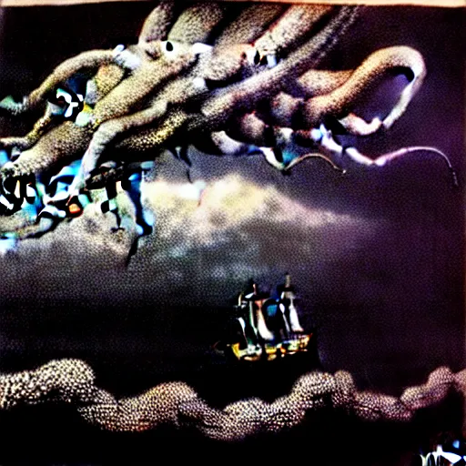 Image similar to a highly detailed hyperrealistic scene of a ship being attacked by giant squid tentacles, ultra realistic, jellyfish, squid attack, dark, voluminous clouds, thunder, stormy seas, pirate ship, dark, high contrast, yoji shinkawa, scary, m.c. Escher, highly detailed, brutal, beautiful, octopus arms attacking the ship from the storm, illusion, artgerm