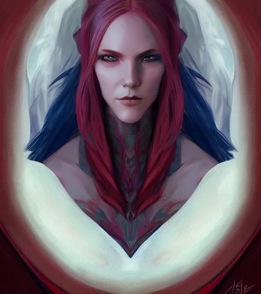 Prompt: A detailed matte head on symmetrical fanart portrait of a distinguished elven woman with red and blue hair by Charlie bowater and lise deharme wlop, critical role