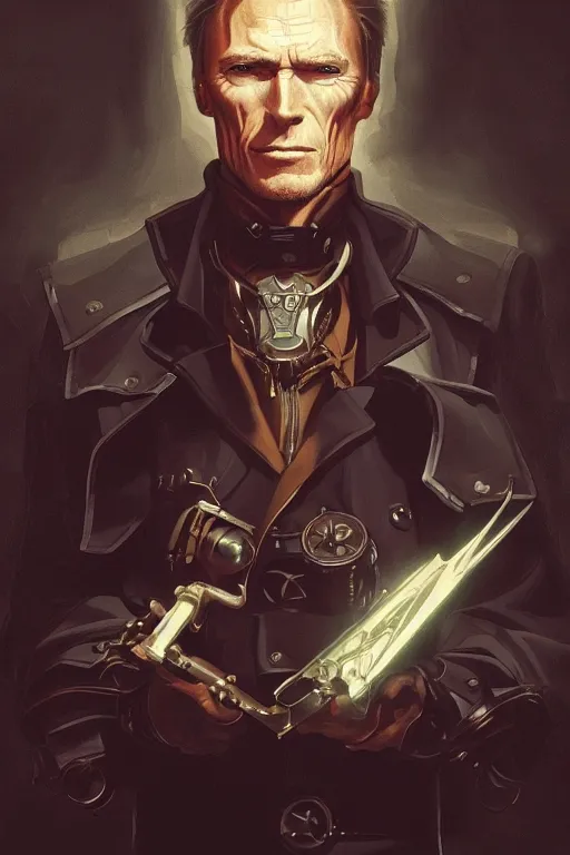 Prompt: young clint eastwood as full metal alchemist, steampunk cyborg, portrait, western, duster, fantasy, intricate, elegant, highly detailed, digital painting, artstation, concept art, sharp focus, illustration, art by artgerm and greg rutkowski and alphonse mucha