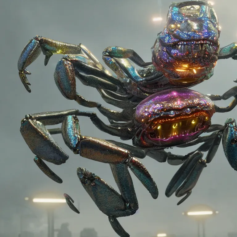 Image similar to vfx portrait shot by weta digital and industrial light and magic ilm, a colorful iridescent crab monster made out of shiny reflective silver metallic chrome with detailed intricate glowing bioluminescence, in the streets of a dark and moody seaside town, heavy fog, octane render, cinema 4 d, ray traced lighting, very short depth of field, bokeh