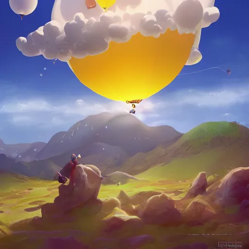 Image similar to a giant floating cake, with giant floating balloons above a beautiful landscape. digital art, highly - detailed, artstation cgsociety masterpiece