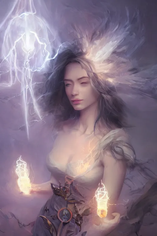 Prompt: beautiful girl necromancer, witch, storm clouds, thunder in hands, casting magic spell, angel, 3 d render, hyper realistic detailed portrait, holding electricity and flowers, ruan jia, wlop. scifi, fantasy, magic the gathering, hyper detailed, octane render, concept art, peter mohrbacher