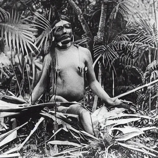 Prompt: lost film footage of a sacred ( ( ( indigenous ) ) ) artifact in the middle of the ( ( ( ( ( ( ( ( ( ( tropical jungle ) ) ) ) ) ) ) ) ) ) / ethnographic object / film still / cinematic / enhanced / 1 9 0 0 s / black and white / grain