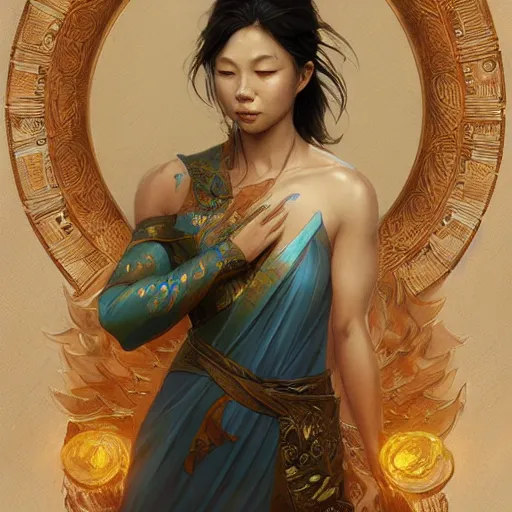 Image similar to Asian female water elemental, lifelike, portrait, highly detailed, digital painting, artstation, concept art, sharp focus, illustration, cinematic lighting, art by artgerm and greg rutkowski and alphonse mucha