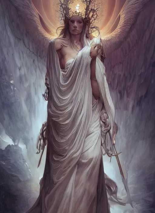 Image similar to angel wizard, physically accurate, moody dynamic lighting, very very intricate, very very elegant, highly detailed, digital painting, artstation, HR GIGER, Hieronymus Bosch, Francis Bacon, concept art, smooth, very beautiful, sharp focus, illustration, art by artgerm and greg rutkowski and alphonse mucha