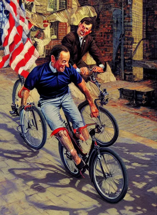 Image similar to joe biden falling off his bicycle, pulp art oil painting by mort kunstler and wilson mclean, intricate, hyper detailed, 4 k, hd, award winning, photorealistic