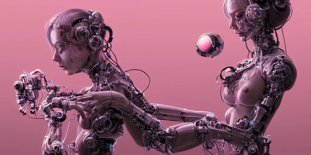 Prompt: hyperrealistic photography of a gorgeous cabled female cyborg scientist making a machine that makes pink bubbles in the style of Jin Kagetsu, James Jean and wlop, highly detailed, masterpiece, award-winning, sharp focus, intricate concept art, ambient lighting, 8k, artstation