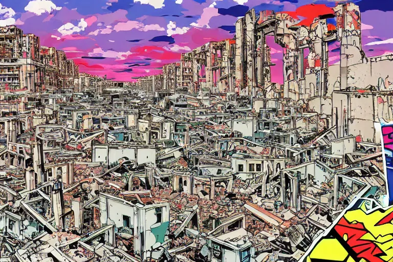 Image similar to The Stalingrad ruins | Colorfull pop art | art by Hirohiko Araki | Hirohiko Araki | Anime wallpaper | funky | colorful | cityscape | destroyed buildings | Stalingrad ruins | digital art