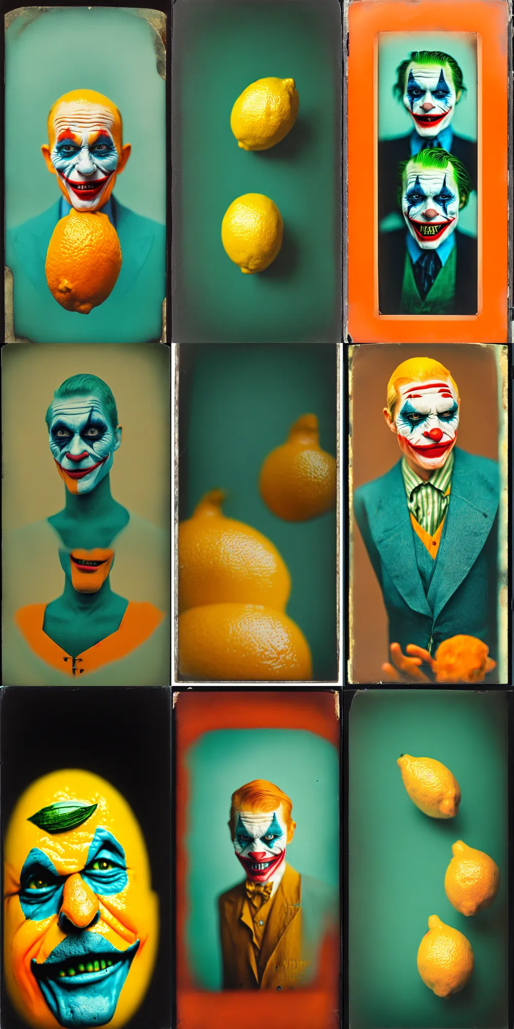 Image similar to kodak portra 4 0 0, wetplate, 8 k, shot of a highly detailed, britt marling style, colour still - life portrait of a lemon looks like 1 9 9 9 joker, teal and orange, muted coloures