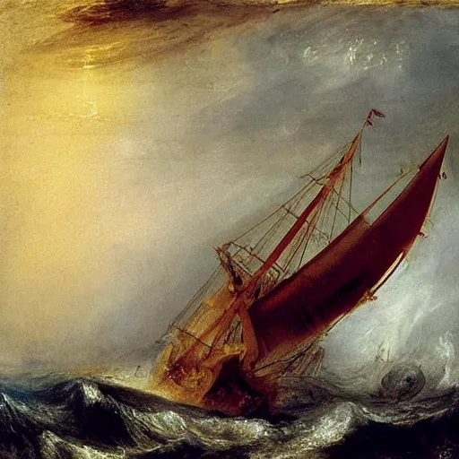 Prompt: giant rainbow - colored scaled octopus attacking a sailing fregate on a stormy ocean, by jmw turner