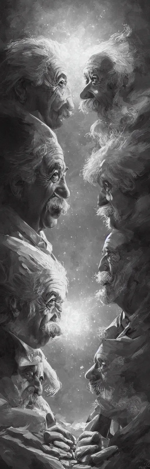 Image similar to Albert Einstein and Alan Watts having a metaphysical discussion, hyperdetailed artstation cgsociety by greg rutkowski and by Gustave Dore