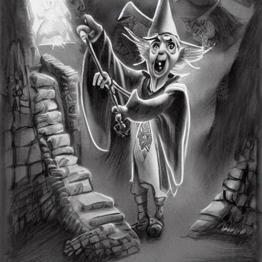 Prompt: wizard with magic wand, the hidden castle, rodel gonzalez, marc davis, milt kahl, jim warren, don bluth, glen keane, jason deamer, rob kaz, character art,