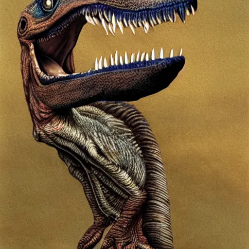 Image similar to velociraptor dinosaur photographed by Annie Leibovitz