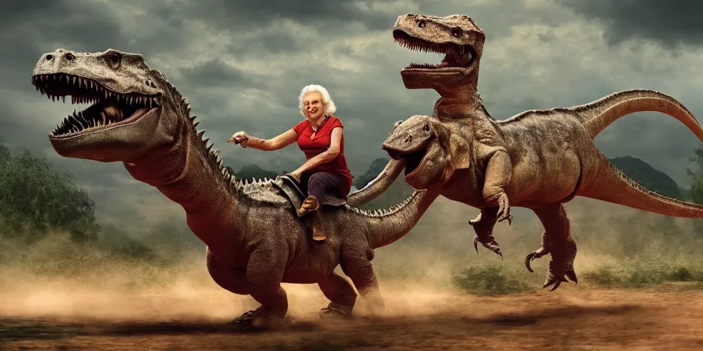 Image similar to mirtha legrand riding a dinosaur, cinematic, 4 k, movie