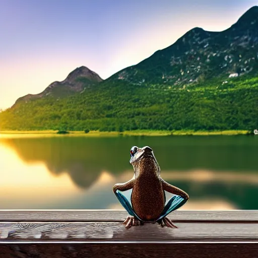 Image similar to frog sitting on a bench next to a lake in the mountains watching a beautiful sunset, photorealistic