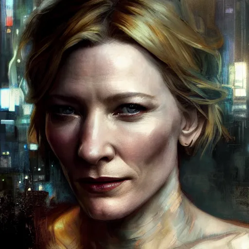 Image similar to cate blanchett, hyperrealistic portrait, bladerunner street, art of elysium by jeremy mann and alphonse mucha, fantasy art, photo realistic, dynamic lighting, artstation, poster, volumetric lighting, very detailed face, 4 k, award winning