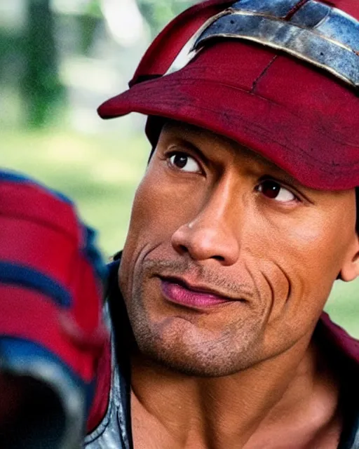 Image similar to Film still close-up shot of Dwayne Johnson as ash ketchum from the movie pokemon. Photographic, photography