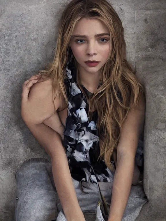Prompt: hyperdetailed close shot of chloe grace moretz, fashion, venus, with ripped crop t - shirt, fine - face, pretty face