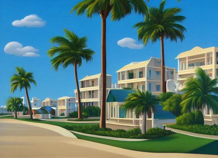 Image similar to houses near the beach, palm trees, vaporwave, kenton nelson,