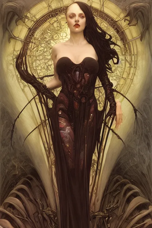Prompt: masterpiece painting of beautiful infernal succubus girl by donato giancola, h. r. giger and tom bagshaw, face by artgerm and edmund leighton, background by james jean and alphonse mucha, 8 k, gothic horror, majestic, volumetric lighting, porcelain skin, art deco, trending on pixiv