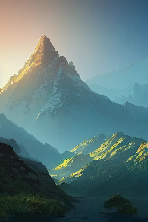 Image similar to sunrise mountain water vector illustration digital art by greg rutkowski trending on artstation