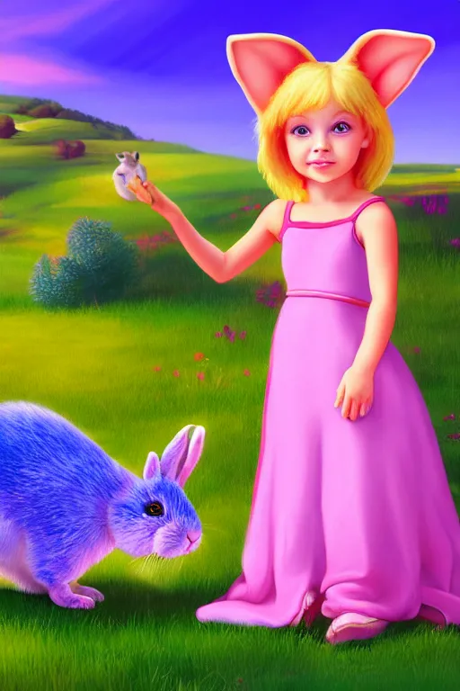 Image similar to matte sharp painting cute little girl and rabbit landscape painted by mark rydel artstation behance storybook lisa frank