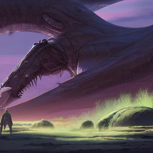 Image similar to concept art painting of an alien world full of alien dinosaurs, detailed, cel shaded, in the style of makoto shinkai and moebius and james gurney