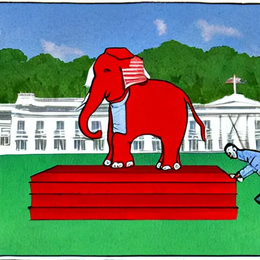 Image similar to Clarence Thomas and Samuel Alito riding a red elephant holding an American flag with its trunk while trampling the grave of Ruth Bader Ginsburg