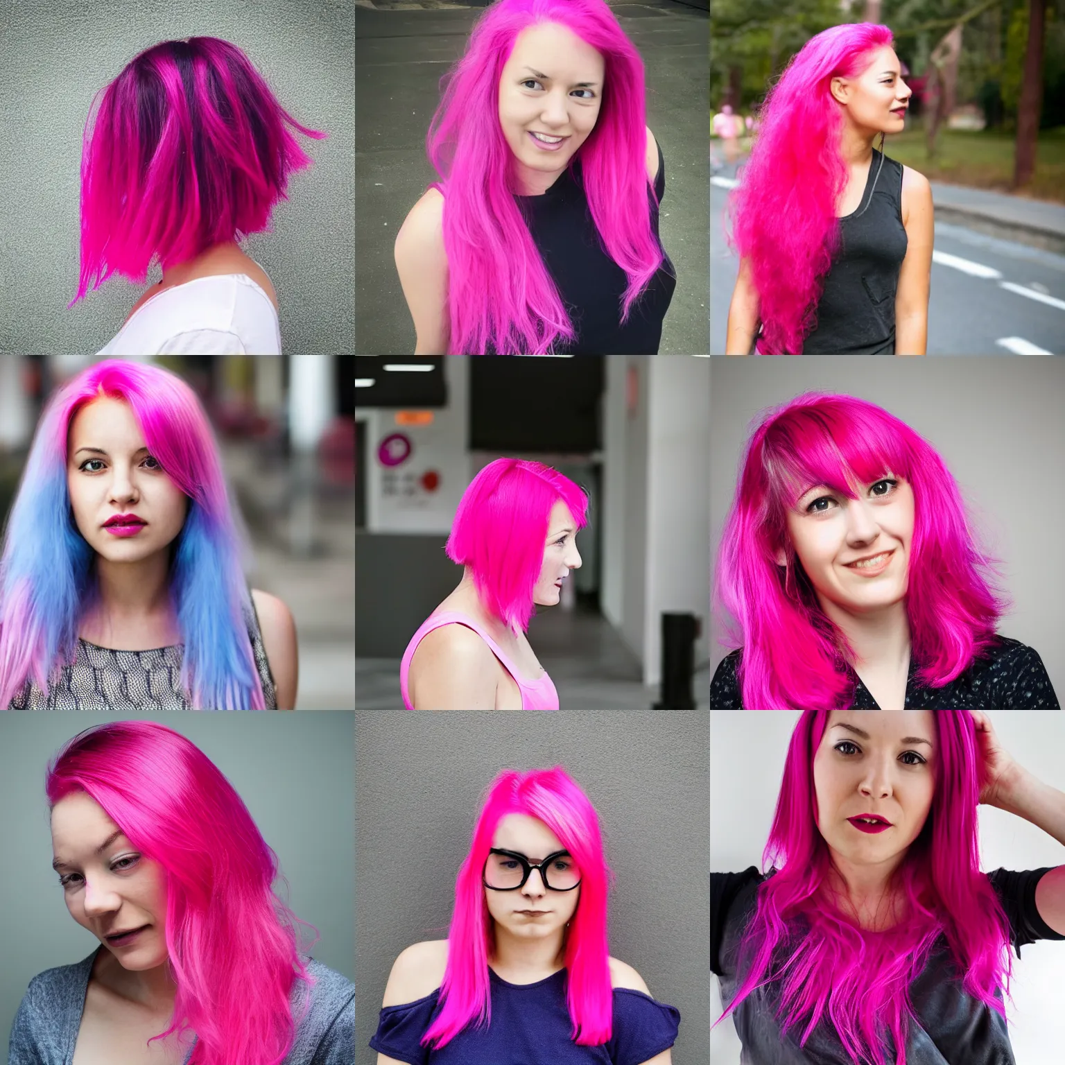 Prompt: a woman in her mid 2 0 s with hot pink hair