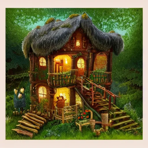 Image similar to Forest hut in the style of James Christensen