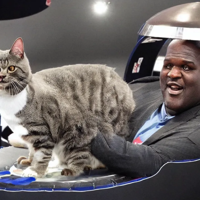 Prompt: shaquille o'neal cat hybrid in a hovercraft, 8 k,