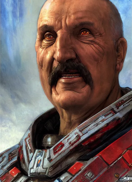 Prompt: closeup portrait biblical diabolical lukashenko! in n 7 armor from mass effect 3, by mikhail vrubel, by peter elson, muted colors, extreme detail, trending on artstation, 8 k