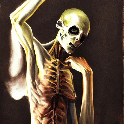 Image similar to death-camp-survivor-super-skinny-emaciated-horribly-skinny-Demon-Haunting painting by Thomas-Montacellinio