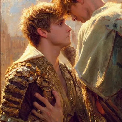 Image similar to attractive male arthur pendragon confesses his love to attractive male merlin. highly detailed painting by gaston bussiere, craig mullins, j. c. leyendecker 8 k