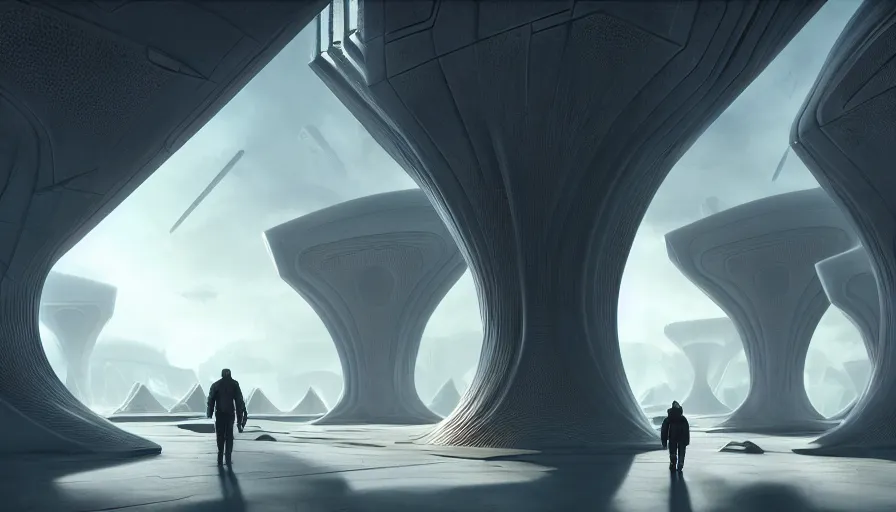 Image similar to the inside of a monument with alien motifs, by tim blandin and arthur haas and bruce pennington and john schoenherr, big windows architecture by zaha hadid, octane render, cinematic, scenery, cgsociety, modernism, futuristic, trending on artstation, sci - fi, high detail, high quality, close up angle, people walking