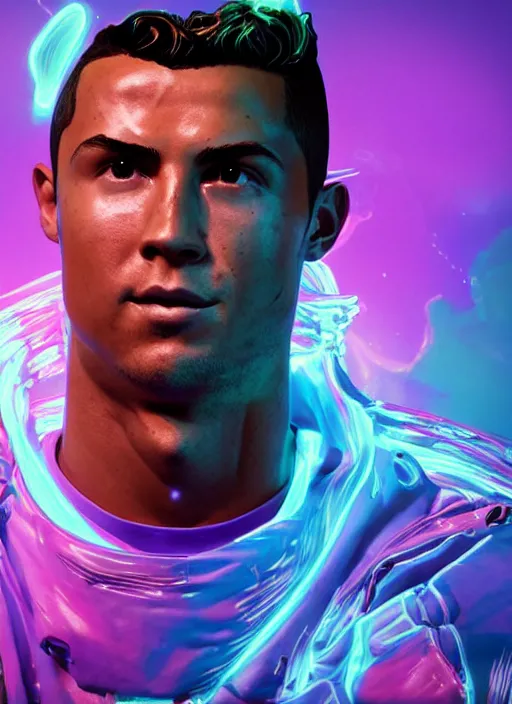 Image similar to glowwave portrait of cristiano ronaldo from borderlands 3, au naturel, hyper detailed, digital art, trending in artstation, cinematic lighting, studio quality, smooth render, unreal engine 5 rendered, octane rendered, art style by klimt and nixeu and ian sprigger and wlop and krenz cushart.