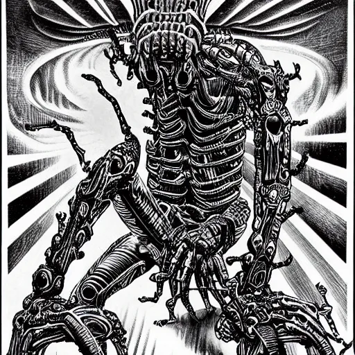 Image similar to a giant biomechanical alien monster by virgil finlay