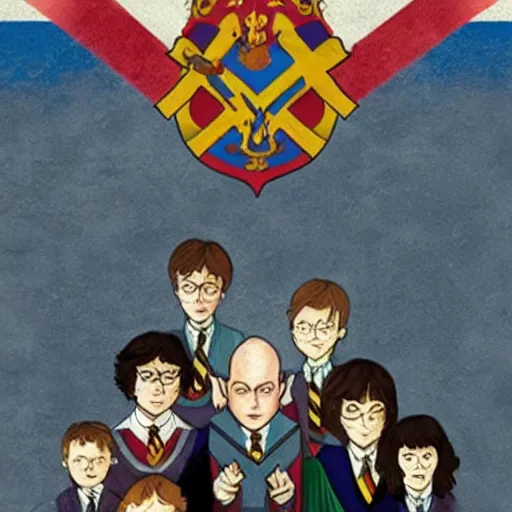 Image similar to harry potter with voldemort, pride flag in background, full picture, art by normal rockwell